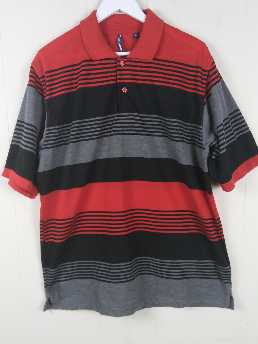 Men's Red Black Gray Striped Polo Shirt - Classic Short Sleeve Size L